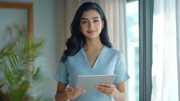 Confident woman with tablet by window in modern home office setting. Indian girl standing at home office photo