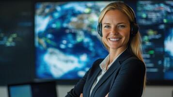 Confident caucasian female adult professional smiles in high-tech environment with global maps in background reflecting innovation and leadership. Weather service office photo