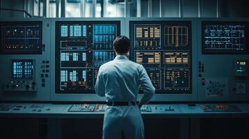 Caucasian adult male in control room with high-tech digital monitors and advanced technology, analyzing computer systems and futuristic interface. Adjustment electrical panel photo