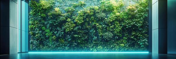 Tranquil indoor vertical garden with lush green foliage and soft neon lighting in a modern architectural space offering peace and serenity. Infrastructure crypto mining photo