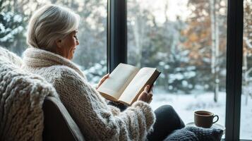 Elderly caucasian female reading a book by a snowy window in cozy sweater enjoying winter afternoon with hot drink and serene forest view creating a peaceful and relaxing atmosphere photo