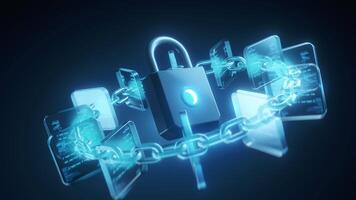 Futuristic visualization of blockchain security showing a glowing padlock connected to data blocks by a digital chain, symbolizing protection. video