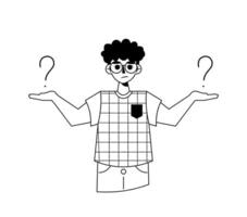 Confused young guy in glasses thinking surrounded by question marks. Trendy hand drawn outline character isolated on white background. Concept of doubting, solving problem and making choice vector