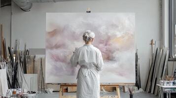 Elderly caucasian female artist in a studio painting a large abstract canvas with pastel hues artistic expression and creativity in a modern industrial setting photo