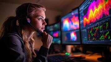 Focused young caucasian woman trader analyzing stock market data on multiple computer screens with intense determination in a dimly lit room. Weather service office photo