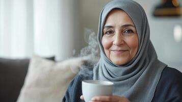 Serene mature caucasian woman enjoying a warm beverage in cozy home setting, wearing gray hijab and black sweater, with peaceful expression in relaxed ambiance photo