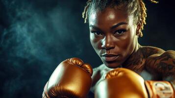 Determined african female boxer ready for a fight with focused expression and gold gloves in a smoky boxing gym background. Ring boxing competitions photo