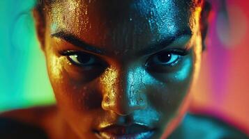 Intense portrait of young african female with colorful lighting highlighting sweat and determination in a vibrant background setting. Ring boxing competitions photo