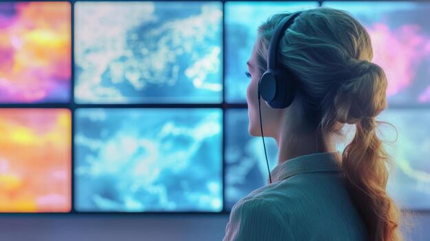 Female tech specialist analyzing digital data on multiscreen display with headphones in futuristic control room focused on information flow. Weather service office photo
