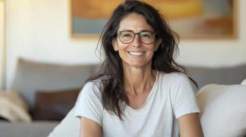 Portrait of a young hispanic female with glasses in a casual white t-shirt, sitting on a sofa with a warm smile, set against a cozy home interior with soft lighting photo