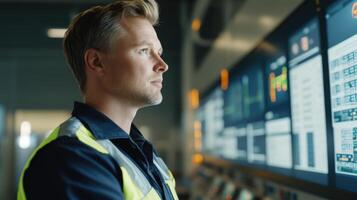 Young caucasian male engineer monitoring control room screens in industrial facility, focused on data analysis and system management. Adjustment electrical panel photo