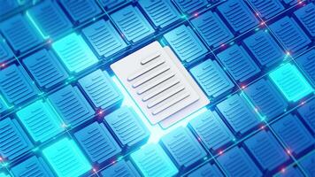 Futuristic representation of digital document storage with a glowing highlighted file among organized folders, symbolizing data management and access. video