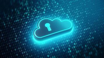 Glowing cloud icon with keyhole on binary code background symbolizes cloud computing security, data encryption, and digital privacy protection. video