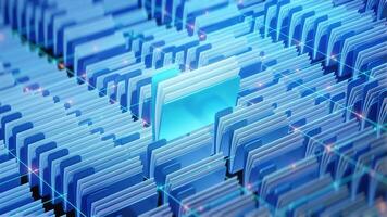 Glowing digital folders arranged in a virtual grid system represent modern document management, data organization, and cloud file storage. video