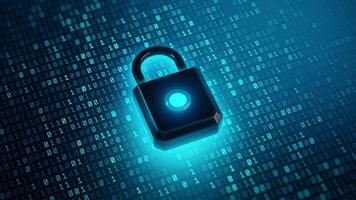 A futuristic glowing padlock sits atop a matrix of binary code, symbolizing cybersecurity, data protection, and encrypted digital systems. video