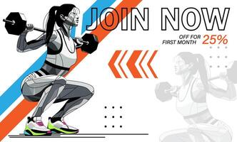 Advertising banner with 3D illustration of athletic woman doing squats with barbell against abstract lines background and text. vector