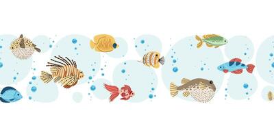 Seamless Horizontal Border with tropical fish and Bubbles. Underwater Ocean Pattern for Scrapbooking, Fabric Printing and Stationery Design. Repeatable Illustration. vector