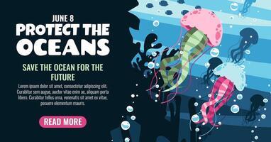 World Oceans Day Horizontal Banner. Jellyfish and Coral Reefs with Seaweed. Protect and Preserve Our Oceans. Marine Conservation Design for Websites, Social Media and Print. vector
