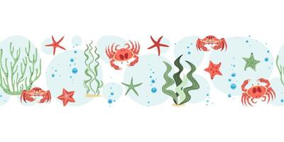 Seamless Horizontal Border with Crabs, Seaweed and Starfish. Coastal Pattern for Fabric, Scrapbooking and Wall Decor. Repeatable Nautical Design. vector