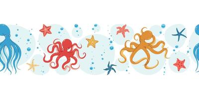 Seamless Horizontal Border with Playful Octopuses, Bubbles and Starfish. Underwater Ocean Pattern for Fabric, Wallpaper and Stationery Design. Repeatable Illustration. vector