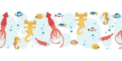 Seamless Horizontal Border with Squid, Bubbles and Axolotl in Flat Style. Underwater Pattern for Fabric, Wallpaper and Stationery. Repeatable Illustration. vector