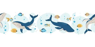 Seamless Horizontal Border with whales, tropical fish and Bubbles. Underwater Ocean Pattern for Scrapbooking, Website Headers and Print Design. Repeatable Illustration vector