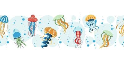 Seamless Horizontal Border with Jellyfish and Bubbles. Underwater Ocean Pattern for Scrapbooking, Wallpaper and Print Design. Repeatable Illustration vector