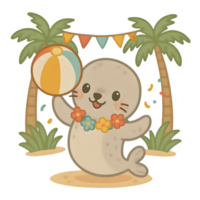 Cute cartoon seal playing with a beach ball under palm trees chibi animal theme transparent background for fun visuals png