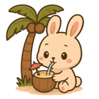 Cute cartoon bunny enjoying a drink under a palm tree transparent background chibi animals in a relaxing environment png