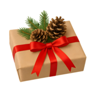 Festive gift box with pinecones and ribbon isolated object on high resolution photorealistic image png