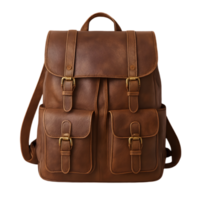 Action-packed brown leather backpack isolated object high resolution photorealistic design with transparent background png