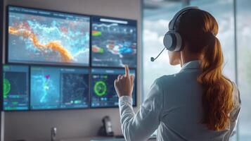 Young caucasian female monitoring high-tech control room, analyzing data in futuristic environment with advanced digital displays and technology. Weather service office photo