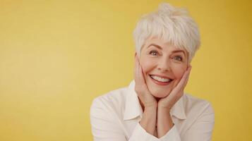 Mature caucasian female with short gray hair smiling joyfully against a vibrant yellow background, expressing happiness and positivity with hands gently resting on her cheeks photo