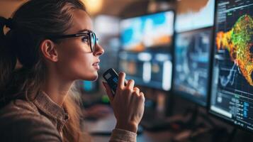 Focused young caucasian female data analyst managing complex information systems on multiple monitors in technology-driven environment. Weather service office photo