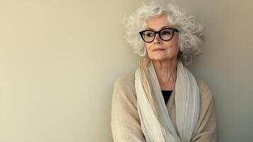 Elegant mature caucasian woman with curly gray hair and glasses, wearing a cream sweater and scarf, embodying sophistication and confidence against a neutral background photo