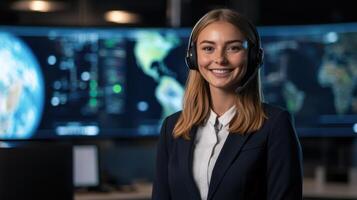 Young caucasian female in professional call center environment with digital background displays at night engaging in customer service interaction. Weather service office photo