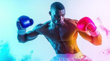 Intense young african male boxer in dynamic boxing stance with vibrant blue and pink gloves against an energetic multicolored background. Ring boxing competitions photo