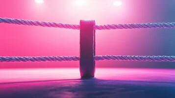 Vibrant boxing ring with neon pink and purple lighting reflecting on the ropes and mat, ready for an intense fight night event atmosphere. Ring boxing competitions photo