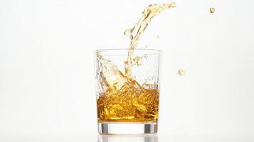 Refreshing splash of whiskey in a glass on white background for beverage concept. Stream of fuel pouring photo
