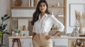 Confident professional woman in modern office setting for business concept and design. Indian girl standing at home office photo