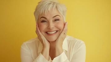 Cheerful mature caucasian woman with short gray hair smiling against a vibrant yellow background, wearing a white blouse and showcasing a joyful expression photo