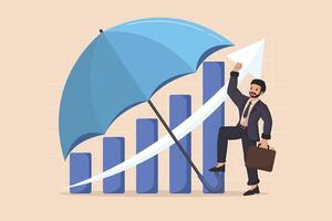 Defense and Growth An illustration of a man using an umbrella to protect rising bar graphs. vector