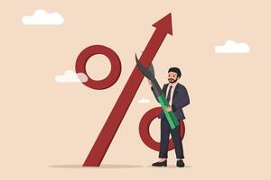 Inflation Reduction Strategy Businessman Cutting a Percentage Symbol with Scissors, Representing Decreased Interest Rates and Economic Control. vector