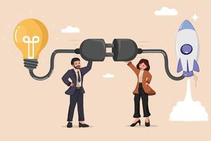 Creative Business Idea Powering Startup Launch Concept with Cartoon Businessman and Businesswoman Connecting Plug. vector