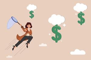 Businesswoman Jumping in the Air with a Net Chasing Floating Dollar Symbols in the Sky Financial Success Concept Illustration. vector