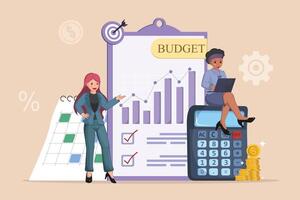 Financial Budget Management Business Professionals Analyzing Expenses with Calculator, Graph, and Calendar. vector