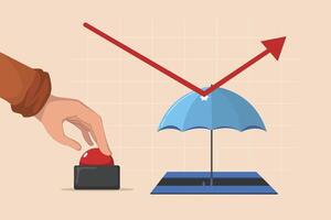 Activating Market Protection A hand pressing a button to deploy an umbrella, symbolizing proactive financial defense against market fluctuations. vector