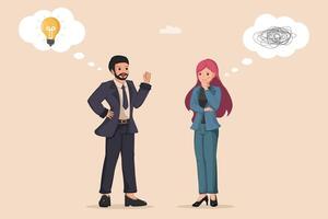 Business individuals with contrasting thought processes one with a bright idea, the other with confusion. vector