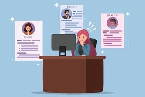 Thoughtful HR Manager Reviewing Job Applications and Resumes on a Computer, Considering Candidates for Open Positions in a Modern Office Setting. vector