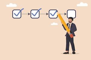Project Tracking Progress Businessman with Oversized Pencil Marking Completed Tasks on a Linear Checklist with Boxes. vector